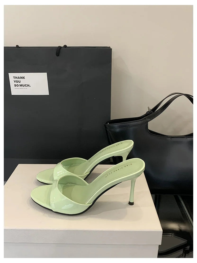 2026 Fashion Sexy Thin High Heels Slides Women Open Toe Pumps Slip Sandal Female Slippers Mule Patent Leather Outdoor Flip Flops