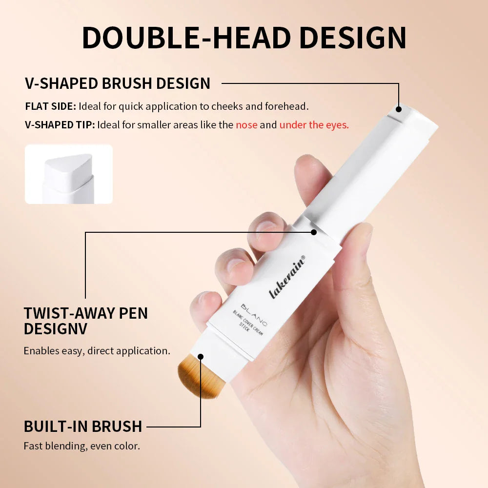 Lakerain Color Changing Foundation Stick Full Coverage Matte Finish Dual-Ended Brush & Stick Waterproof Smooth Foundation Makeup