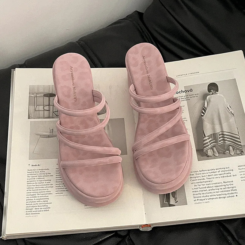 Summer Platform Heel Women Slippers Fashion Open Toe Narrow Band Slide Ladies Elegant Street Style Shoes Fashion Sandals Slides