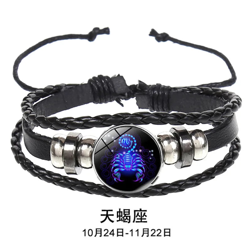 12 Constellation Zodiac Sign Charm Luminous Bracelets Men Women Vintage Multilayer Wrap Leather Chain Bangle Birthday Jewelry
