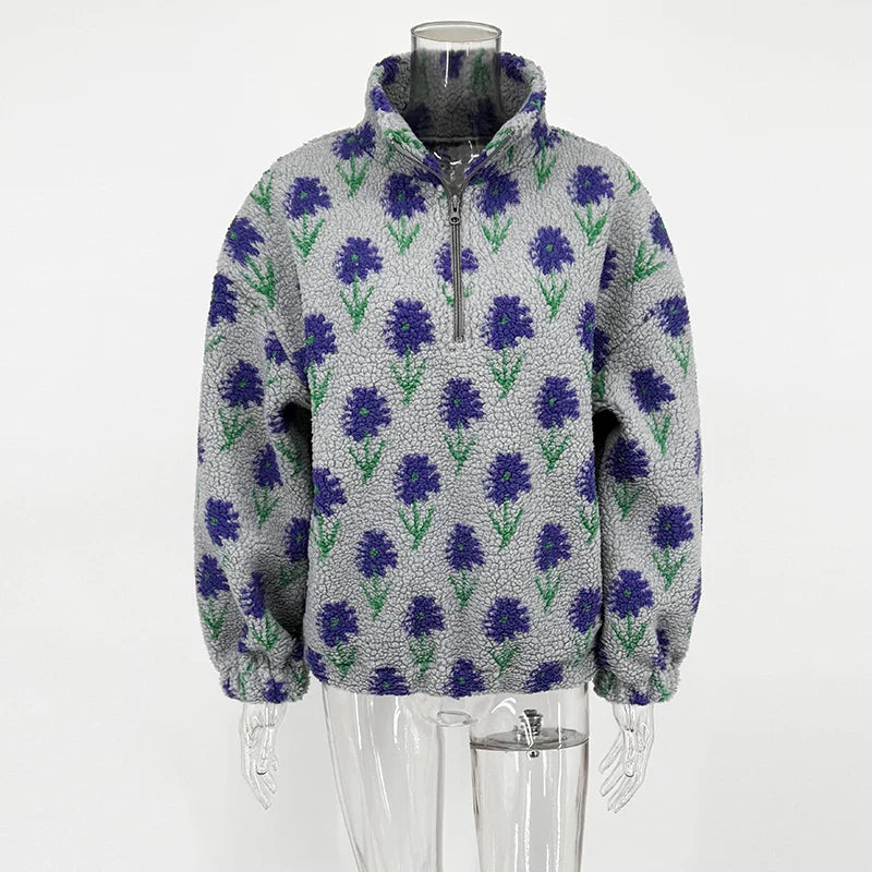 TARUXY Fleece Printing Sweatshirt Women's Half-Zip Sweatshirt Fleece Loose Turtleneck pullover Female Winter Leisure Sweatshirt