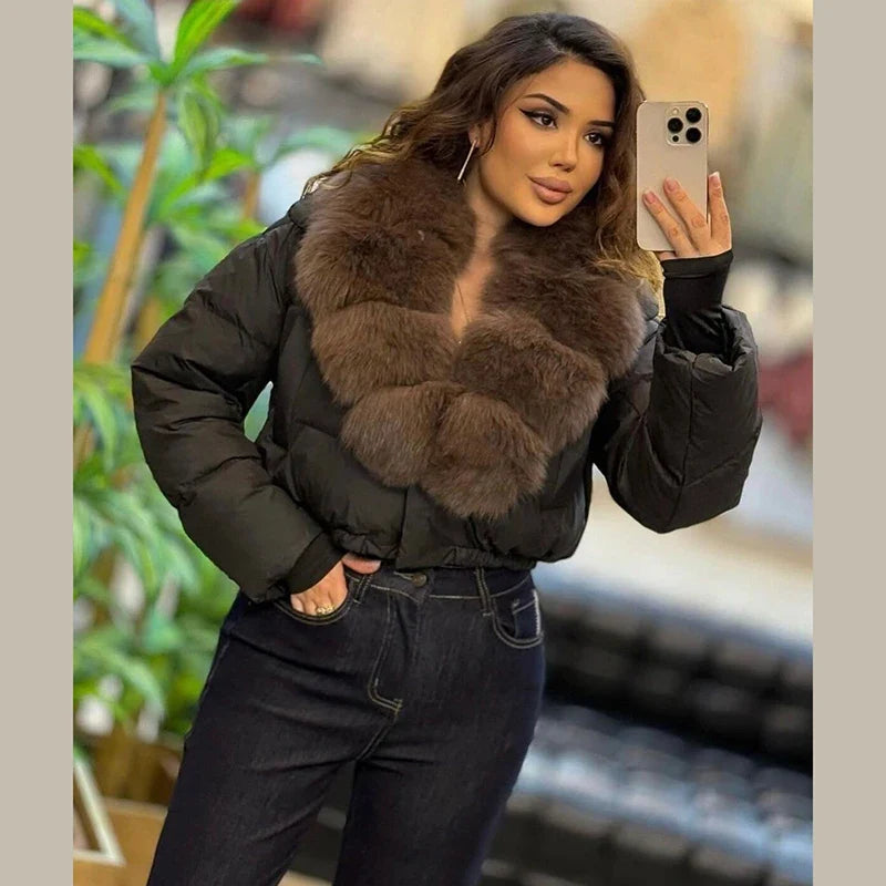 Luxury Thick Faux Fox Fur Collar Cropped Puffer Coat Women Oversized Lapel Zip Up Short Warm Windproof Winter Outerwear Jacket