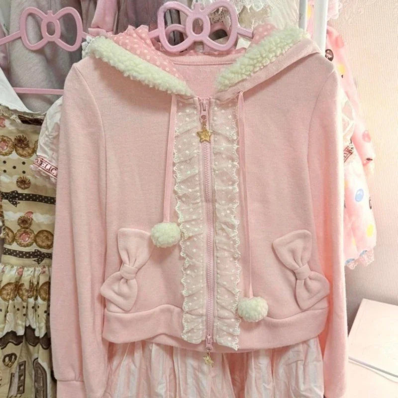 Japanese Cute Coat Embroidery Rabbit Ear Hooded Subculture Kawaii Y2k Tops Casual Fashion Sweet Coats Ropa Mujer Women Clothing