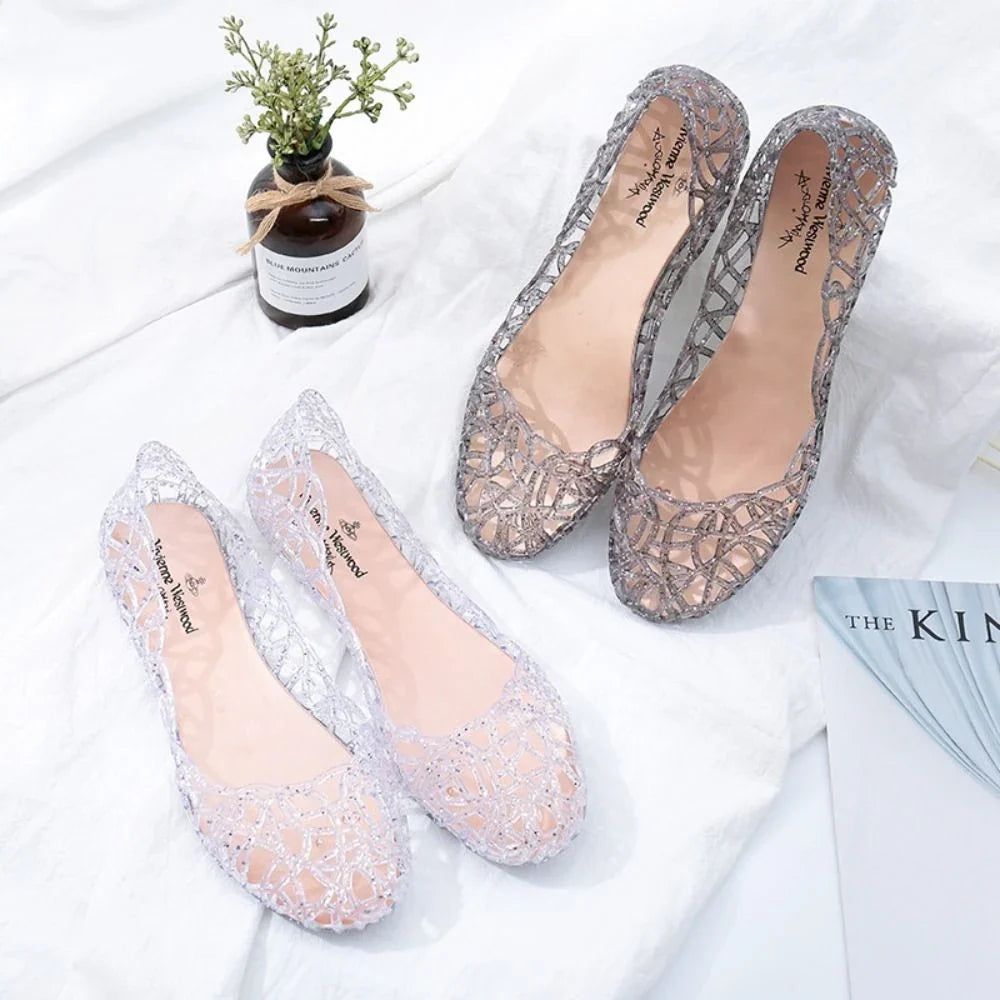 Comfortable Flat-soled Women Sandals Clear Shallow Mouth Beach Jelly Shoes Breathable Hollow Out Bling Sandals Footwear