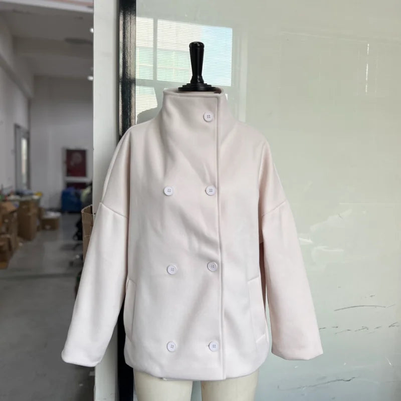Fashion Short Woolen Coat For Women Stand Collar Full Sleeve Loose Zipper Jacket Female 2025 Spring Autumn Solid Lady Outwear