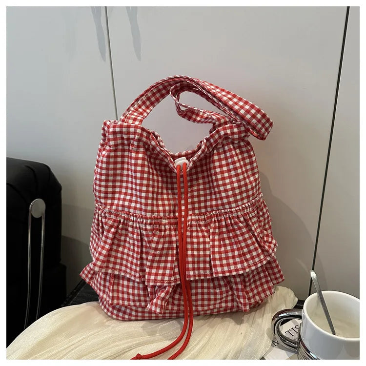 Large Capaci Cute Plaid Cotton Tote Bag  Lace Trim Women's Summer 2025 Simple Lady Handbag Soft Shoulder Bags Bolsa Feminina