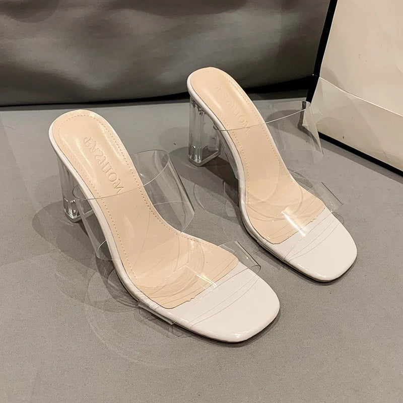 Summer Women Pumps Sandals 9cm Jelly Slippers Sexy Open Square Toe High Heels Women Transparent Slippers Shoe Heel Clear Sandals