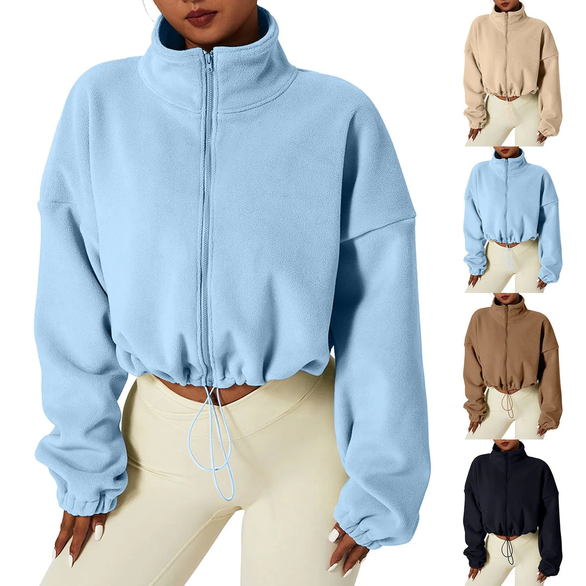 Women Autumn Stand Collar Fleece Jacket Zip Up Cropped Coat Solid Sweatshirt Top Drawstring Fashion Casual Outerwear Sportswear