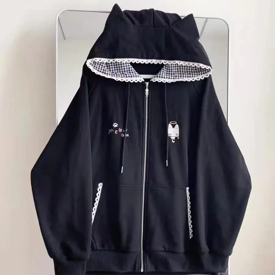 Zipper Hoodie Gothic Cartoon Kawaii Cat Ear Y2k Jacket Zip Up Thin Coat Spring Autumn Cute Core 2000s Clothes Fall Sweatshirts