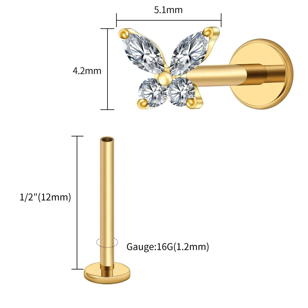 Right Grand ASTM F136 Titanium 16G Mini Butterfly CZ Labret Tragus Cartilage Conch Forward Helix Stud Nose Piercing Body Jewelry