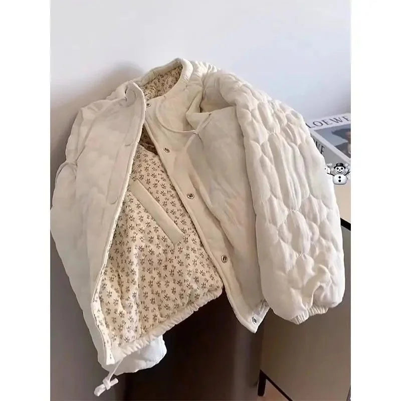 Chic Floral Corduroy Jacket for Women - Korean Loose Fit Round Neck Long Sleeve Cotton Top, Warm Versatile Autumn Winter Shacket