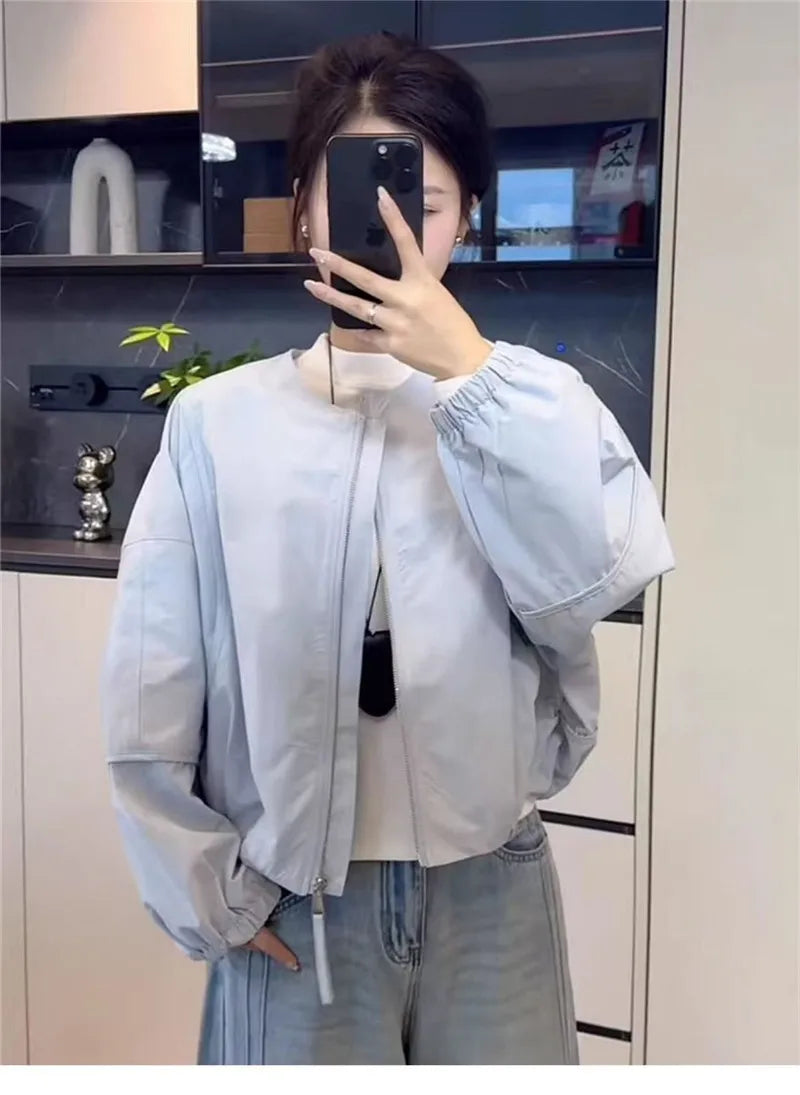 Korean Version Simple Women's Round Neck Solid Color Short Coat 2026 Spring New Female Casual Loose Jacket Joker Little Overwear