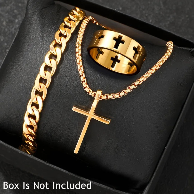 Cross-Style Accessories Set Bracelet Necklace Ring 3 Pieces Stainless Steel Elegant Suitable Both Men Women Fashionable Gift Set