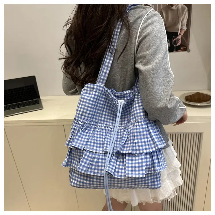 Large Capaci Cute Plaid Cotton Tote Bag  Lace Trim Women's Summer 2025 Simple Lady Handbag Soft Shoulder Bags Bolsa Feminina