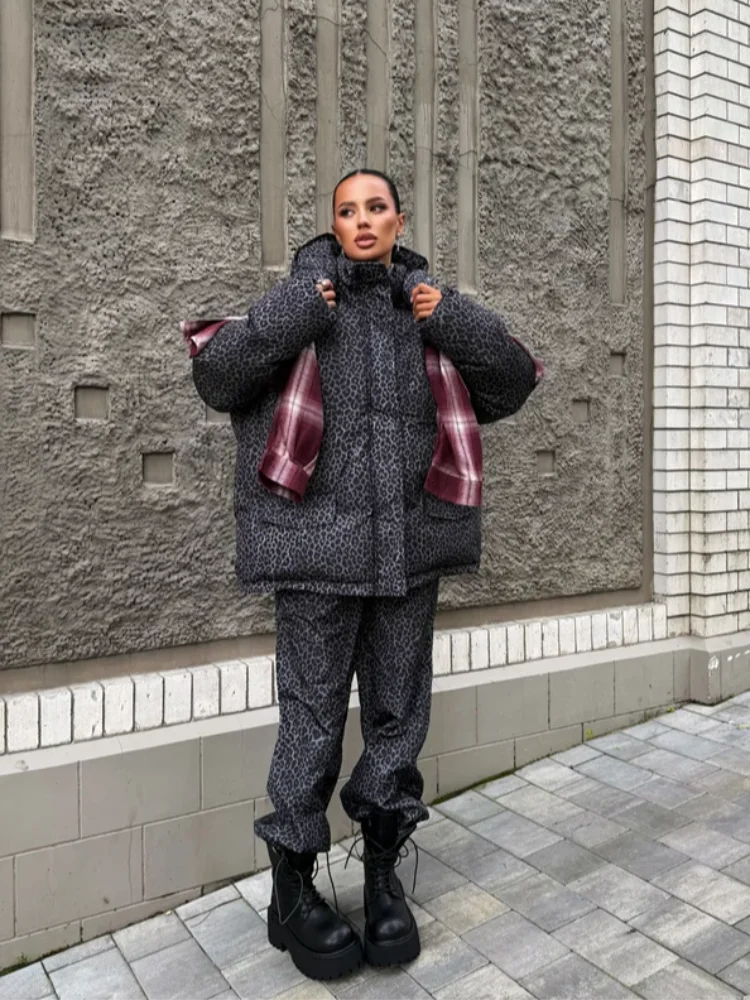 Chic Leopard Hooded Puffer Coat Set Women Quilted Full Sleeve Zip Jacket Wide Leg Pants 2026 New Lady Winter Thicken Warm Outfit