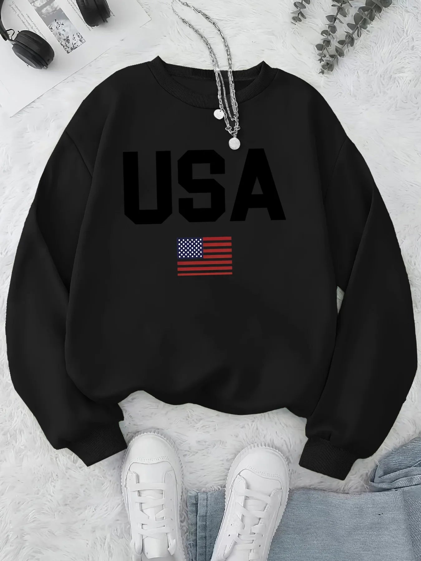 Women's Casual USA Print Pullover Sweatshirt Geometric Design Long Sleeve Round Neck Machine Washable Regular Fit for Autum