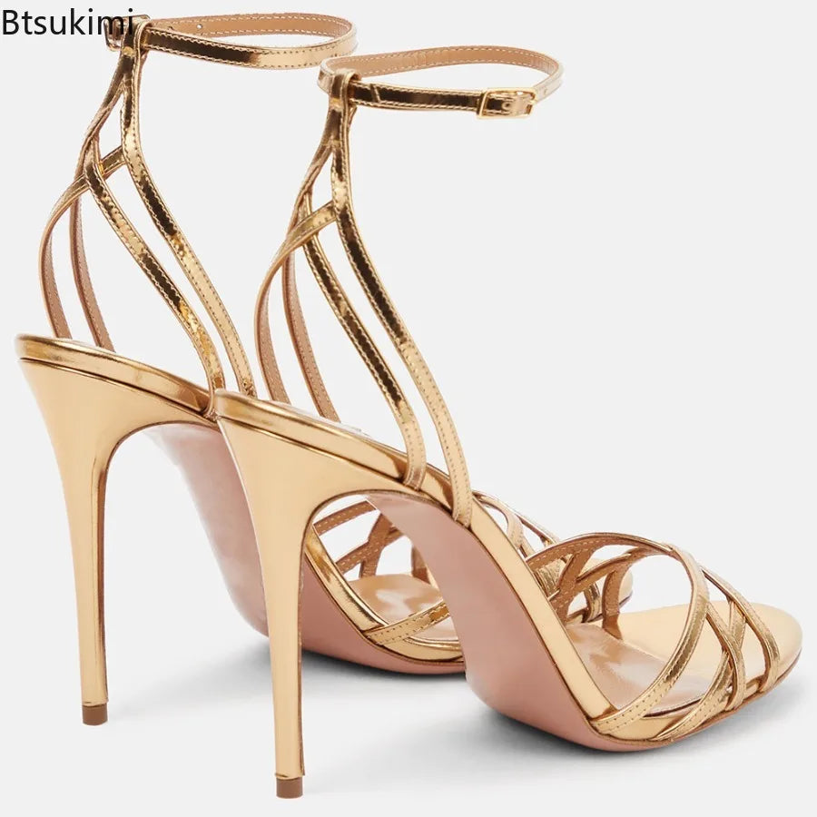 New 2026 Summer Women's Patent Leather Sandals Round Toe Open-toe Stiletto Sexy Ladies Sandals Thin High-heeled Banquet Dress