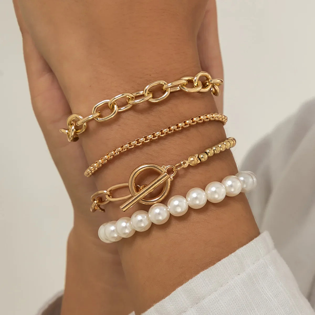 Boho Imitation Pearl Beaded Bracelet Women's Retro Fashion Creative Gold Color Beads O-Chain Bracelets Girls Birthday Jewelry