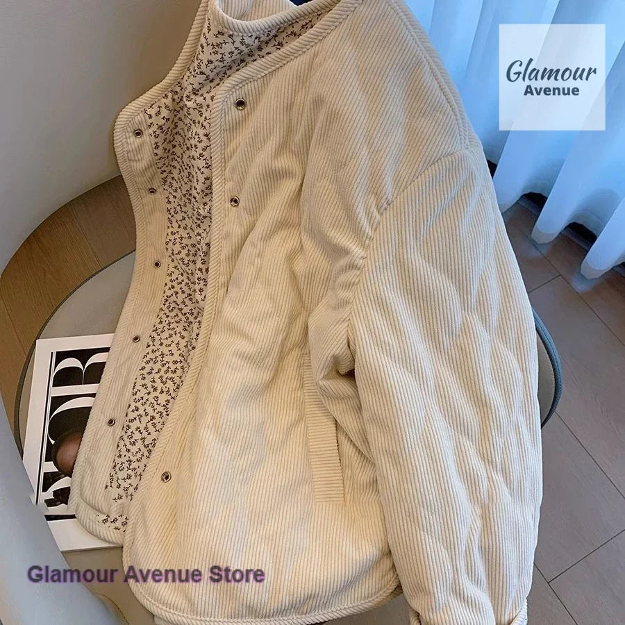 Korean style design corduroy mosaic floral diamond cotton-padded jacket coat women's winter new loose wild cotton-padded clothes