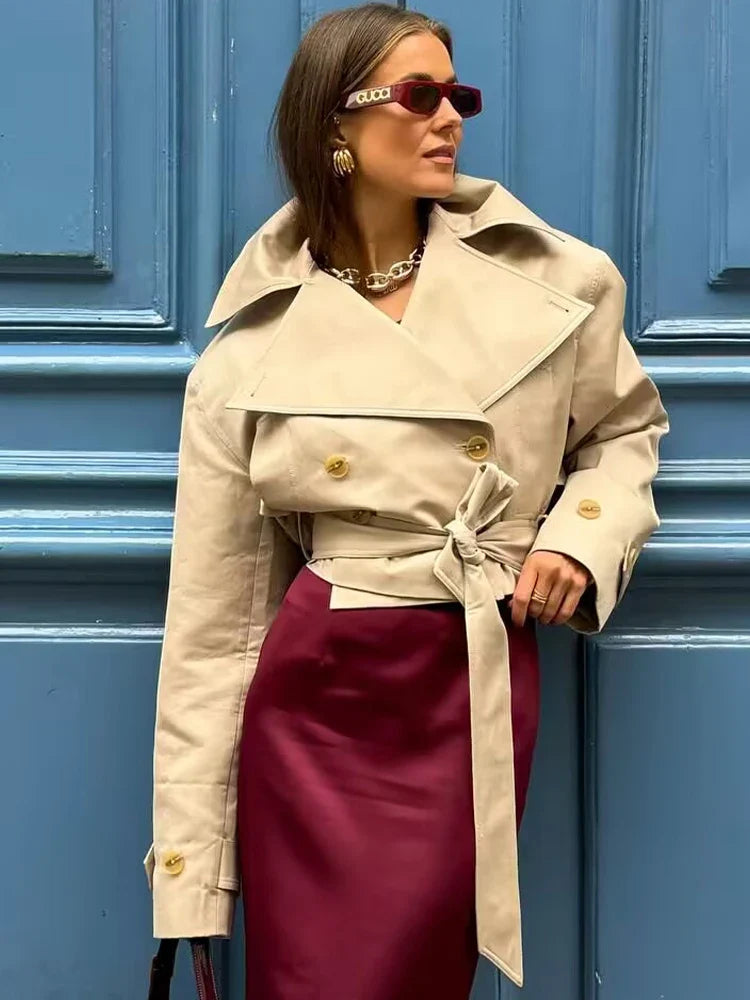 SLTNX 2026 New Women's British Wind Trench Coat Style Double-breasted Long Sleeve Belt Lapel Jacket Short Coat