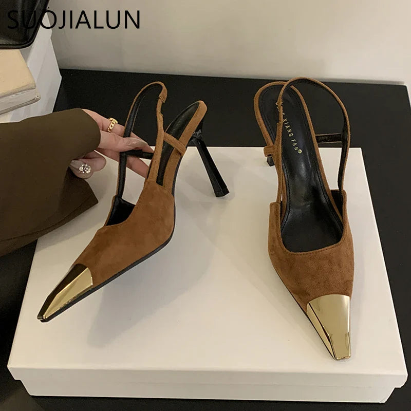 SUOJIALUN 2024 New Brand Women Sandal Fashion Mix Color Ladies Eelgant Outdoor Dress Slingback Shoes Thin High Heel Sexy Pumps S