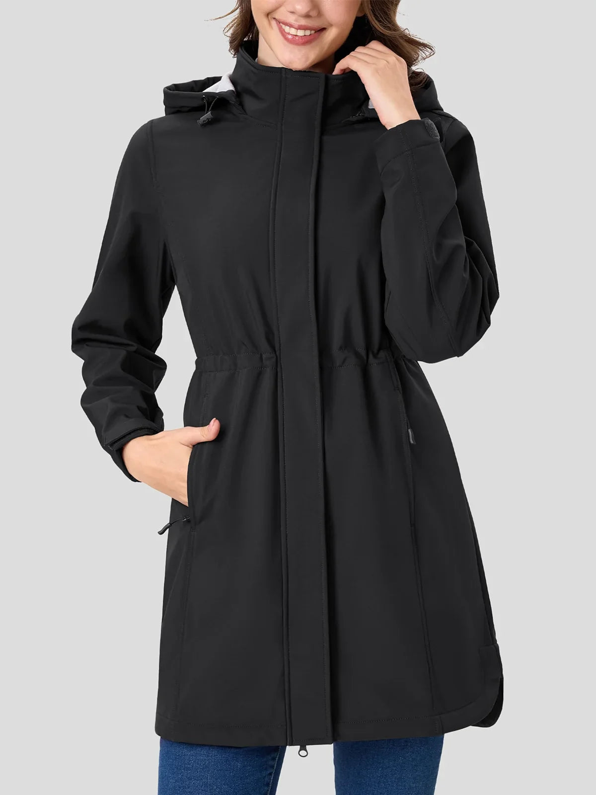 TACVASEN Women's Long Hooded Jacket Fleece Lined Softshell Jacket Waterproof Windproof Hiking Jacket Rain Coat Windbreaker Parka