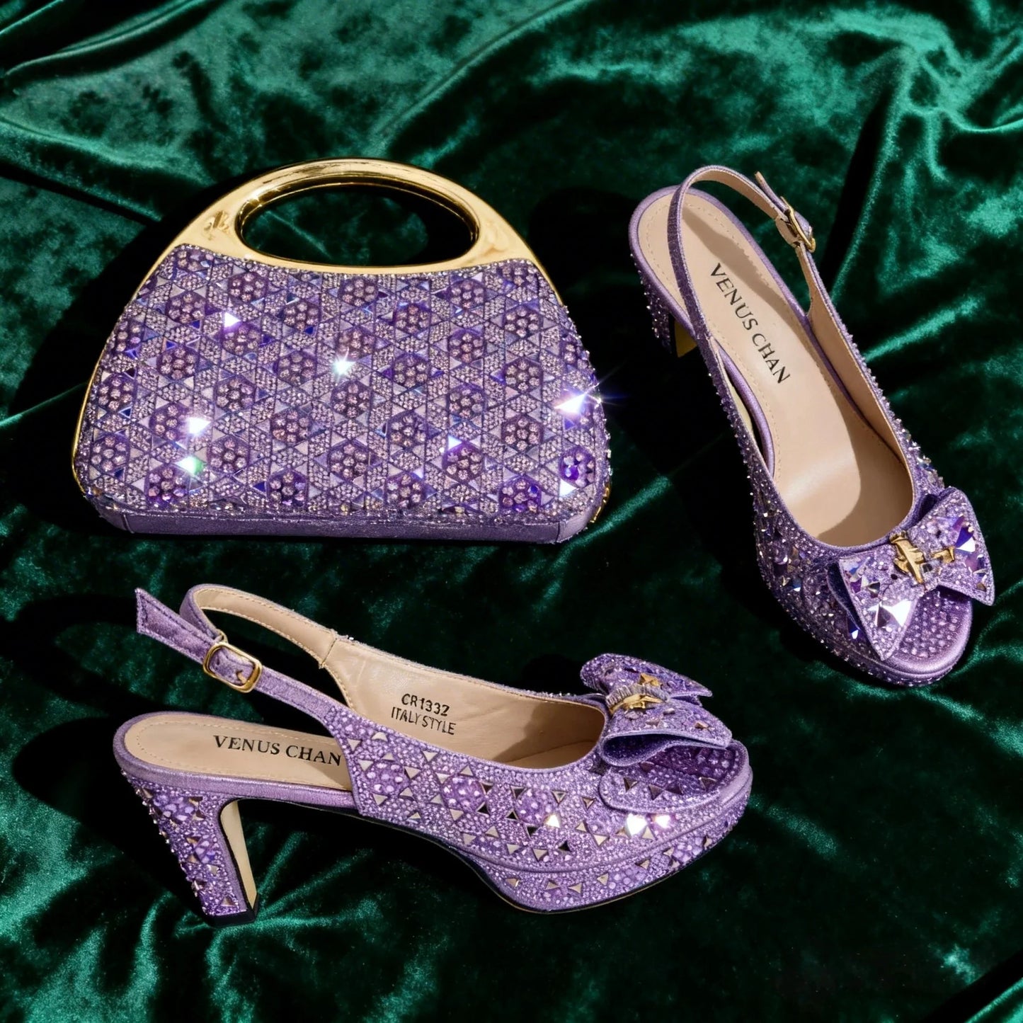 Elegant Italian Women’s Fuchsia Rhinestone Peep-Toe High Heel Sandals and Matching Bag Set – Perfect for Weddings and Parties
