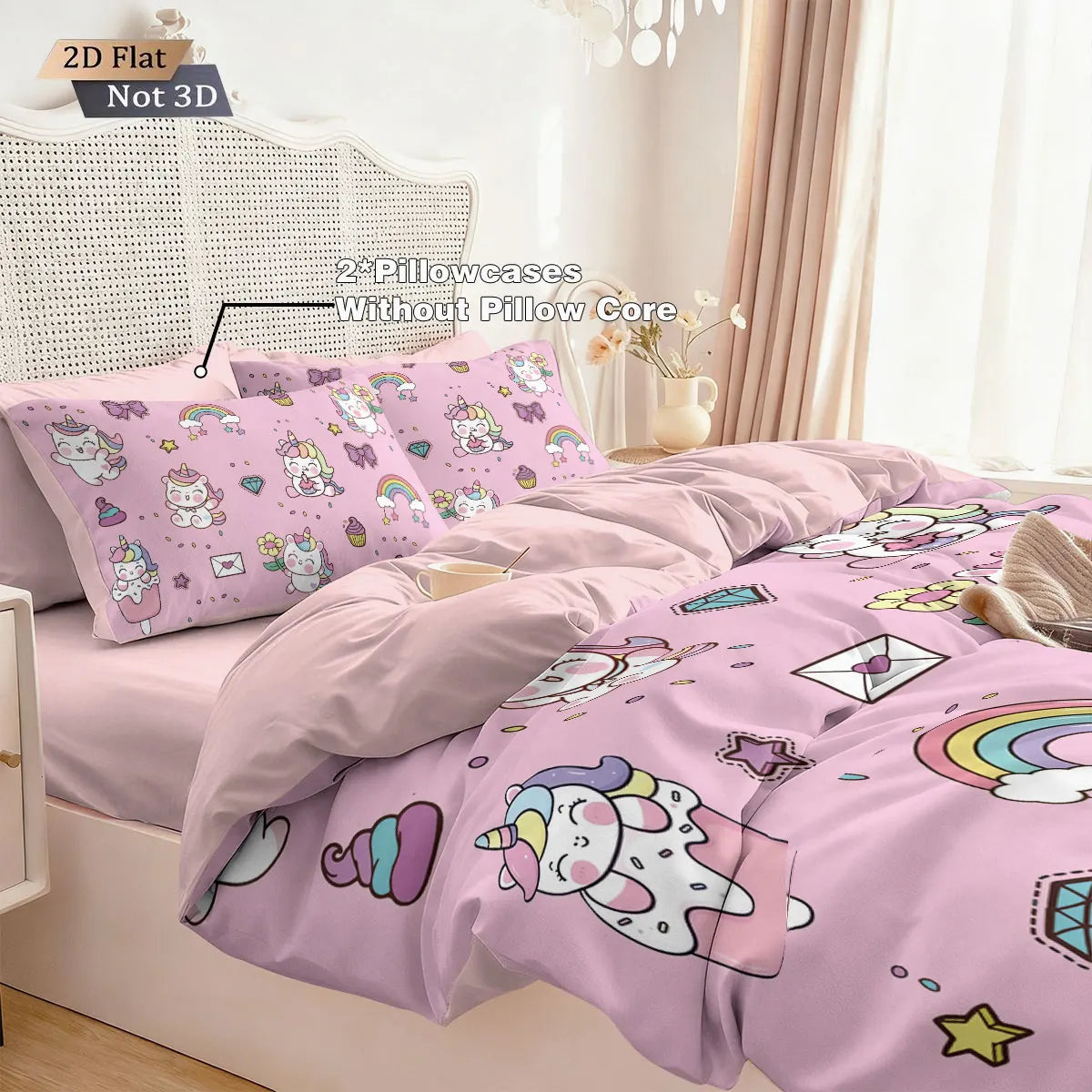 3pcs Cartoon Cute Unicorn Printed Coreless Down Duvet Cover Set, Multi Size Bedroom Bedding Decoration, Machine Washable