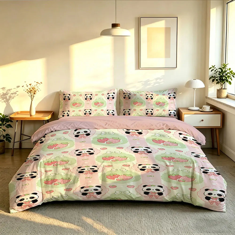 3pcs Cartoon Panda Print Coreless Duvet Cover Cool Summer Lightweight Bedding Set Multi Size Bedroom Bedding Decoration