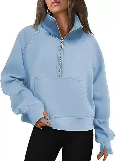 New Women's Spring Autumn Winter Stand Collar Plus Fleece Solid Color Hoodie Long Sleeve Pocket Loose Half Zip Pullover Hoodie