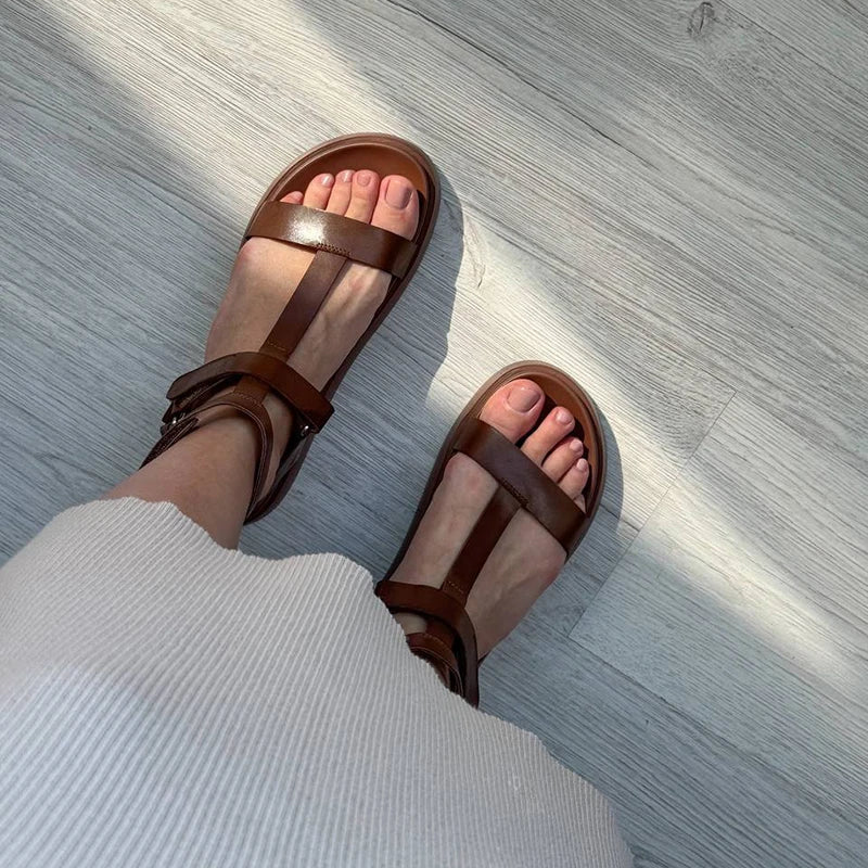 BeauToday Summer Gladiator Sandals Women Calfskin Leather Open Toe T-bar Strap Hook & Loop  Summer Ladies Shoes Handmade 07130