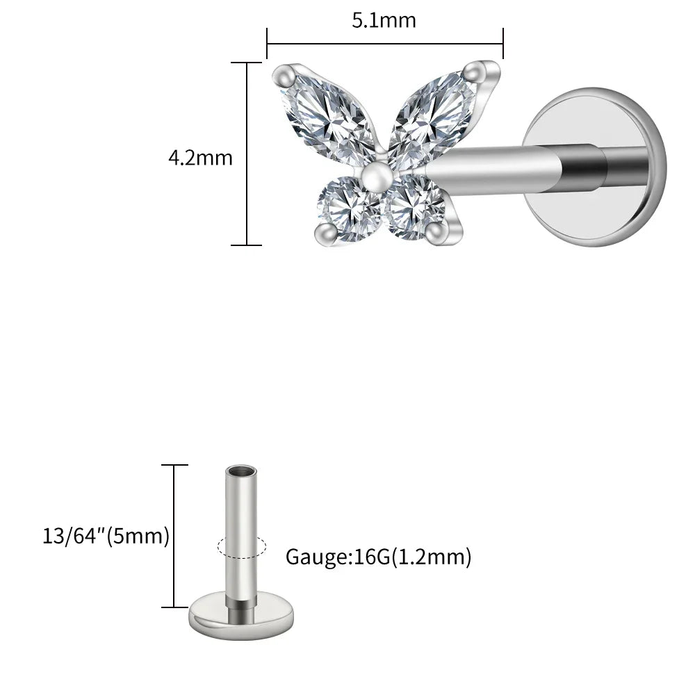 Right Grand ASTM F136 Titanium 16G Mini Butterfly CZ Labret Tragus Cartilage Conch Forward Helix Stud Nose Piercing Body Jewelry