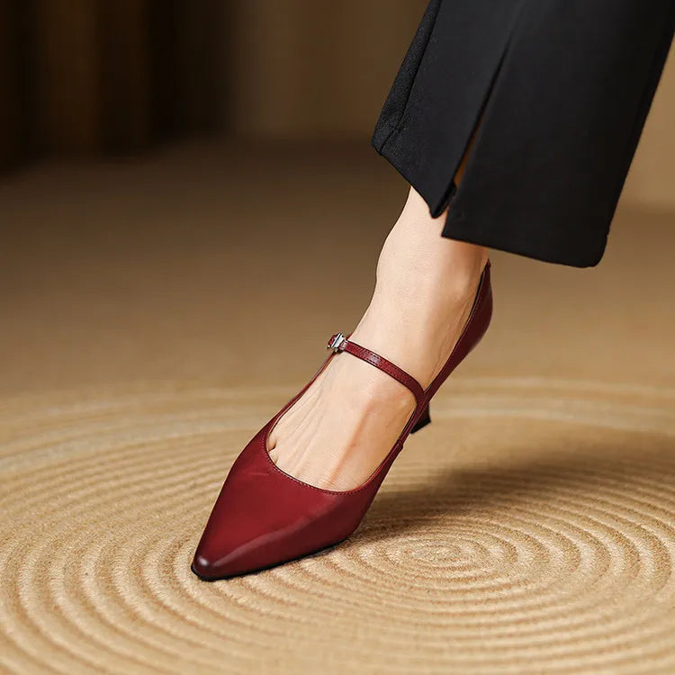 NEW Spring/Autumn Women Pumps Genuine Leather Shoes for Women Pointed Toe Thin Heel Shoes Shallow Buckle Strap Mary Janes Shoes