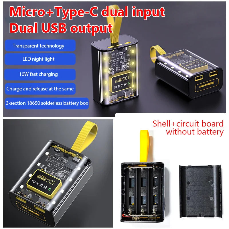 3*18650 Battery Charger Case DIY Power Bank Box Fast Charge 5V 2A Double USB Output Battery Storage Box With LED Night Light