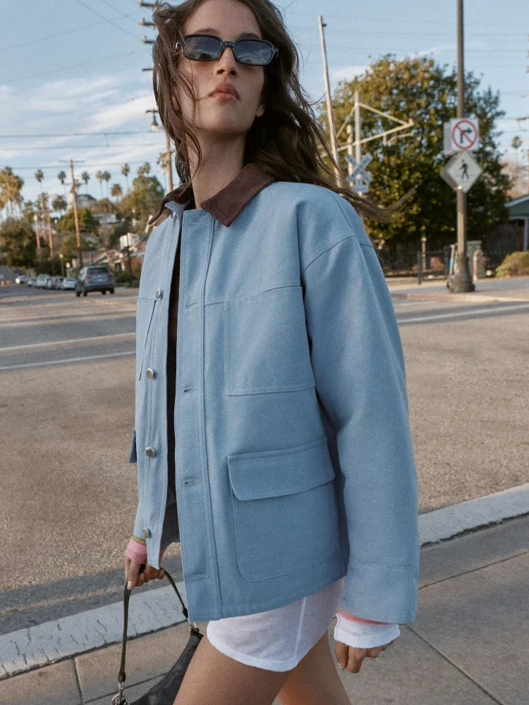Women Blue Casual Multiple Patch Pocket Jacket Chic Corduroy Collar Single Breasted Short Coat 2026 Lady Daily Spring Wear New