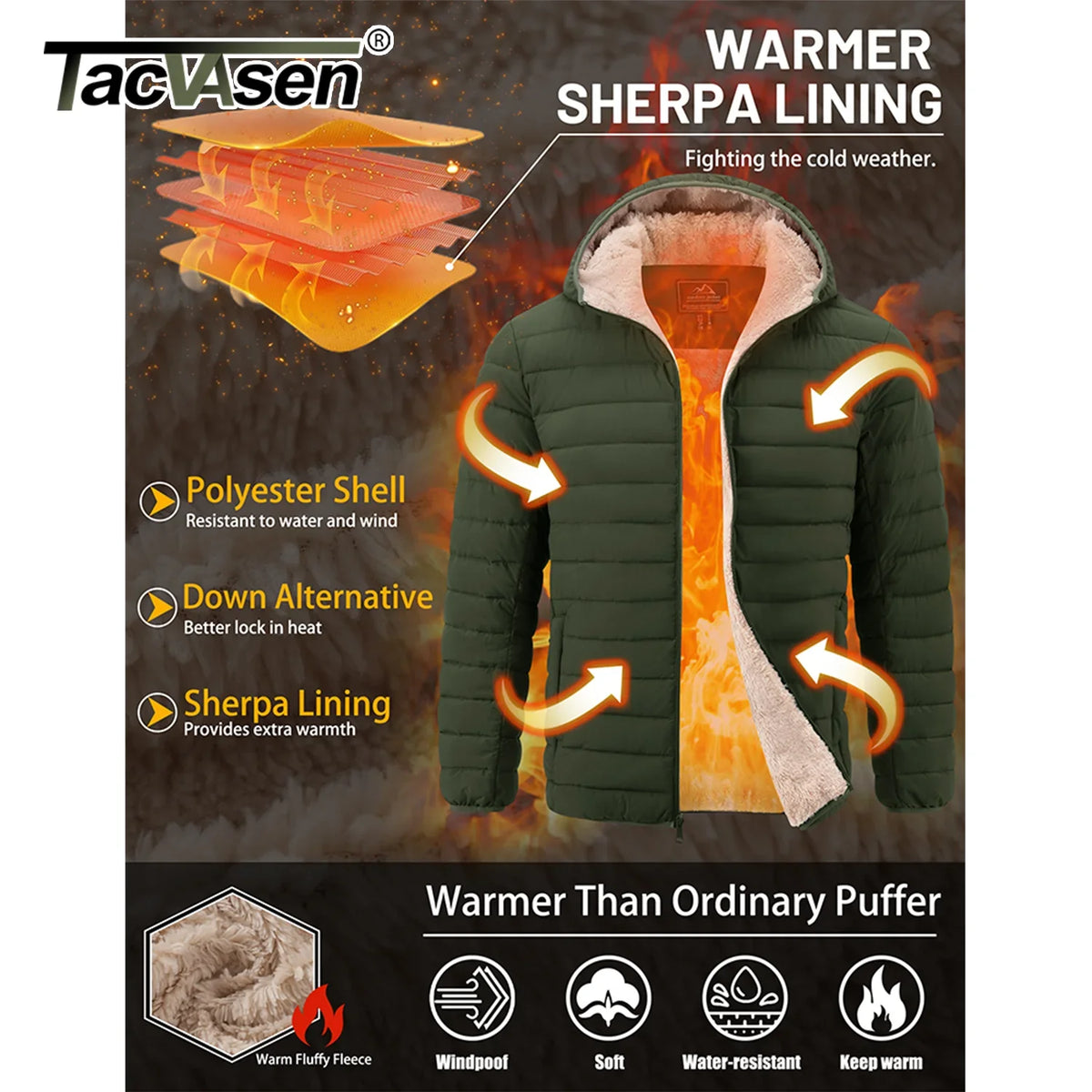 TACVASEN Men's Puffer Jacket Winter Warm Hooded Sherpa Lined Water Resistant Windproof Insulated Jacket Warm Winter Puffy Coat
