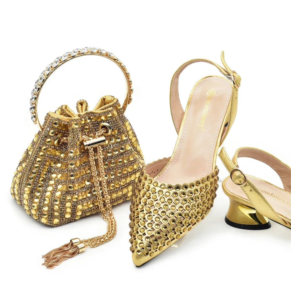 New Fashion Gold Color Shoes and Bags To Match Set Nigeria Party Women's Wedding Bag and Shoe Set Decorated with Rhinestone
