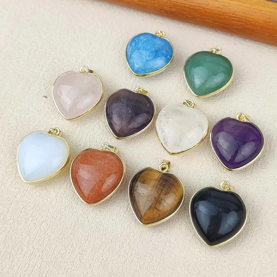 Charms Natural Healing Crystal Heart Stone Pendants For Women Necklace DIY Amethyst Rose Quartz Fluorite Aquamarine Men Jewelry