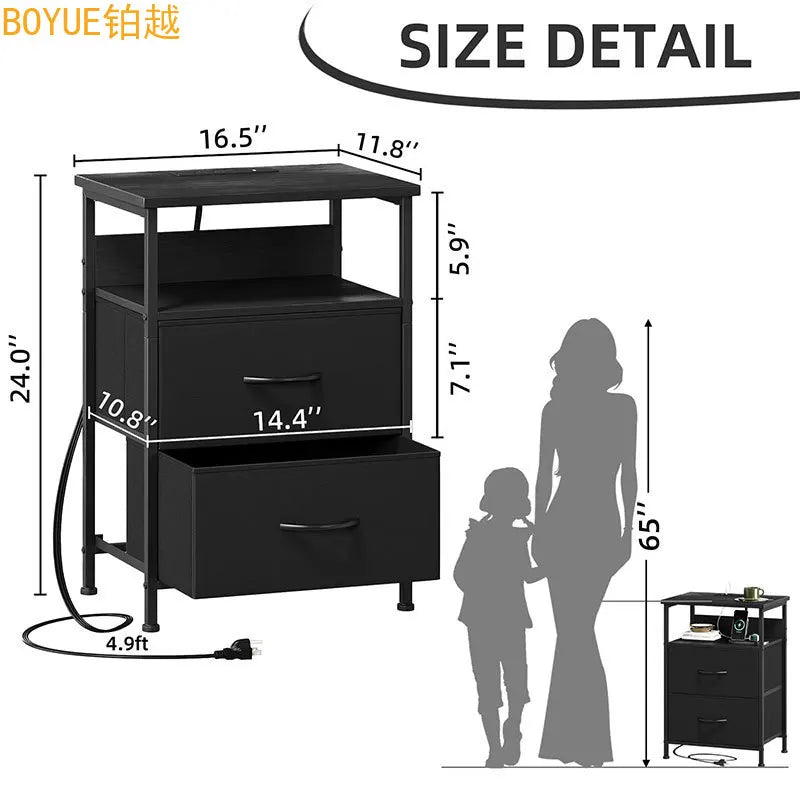 bedside table, chest cabinet, dresser, two drawers with cloth drawers, storage cabinet
