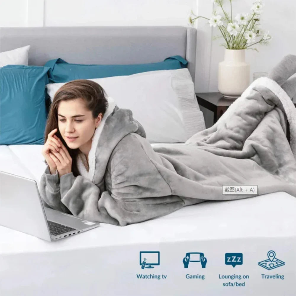 180cm Super Long Flannel Blanket Pyjamas with Sleeves Winter Hoodies Sweatshirt Women Men Pullover Fleece Giant Oversized Outdoo