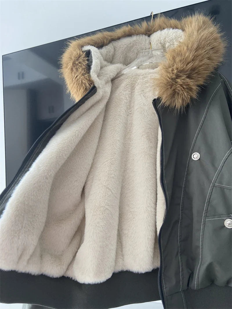 ZAROY Fur Collar Hooded Parkas Y2k Harajuku Thicken Padded Jackets Casual Zipper Gothic Women&Men Winter Coats Streetwear кур