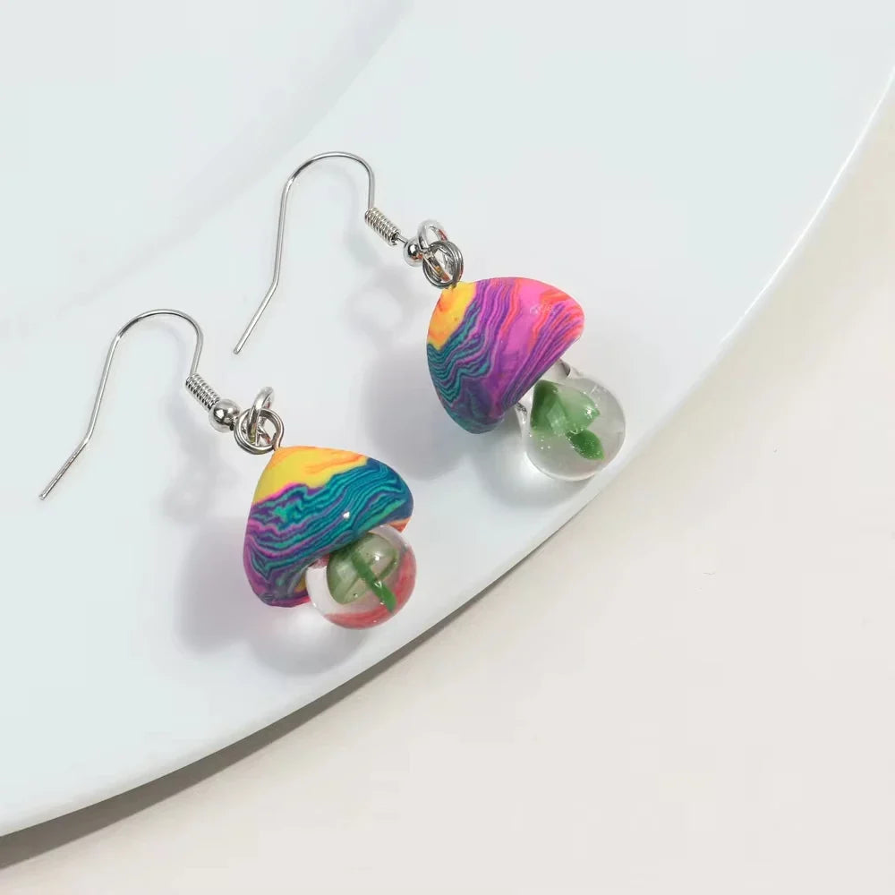 New Cute Polymer Clay Mushroom Acrylic Drop Earrings for Women Cartoon Colorful Flower Pendant Earring 2024 Trend Jewelry Gift