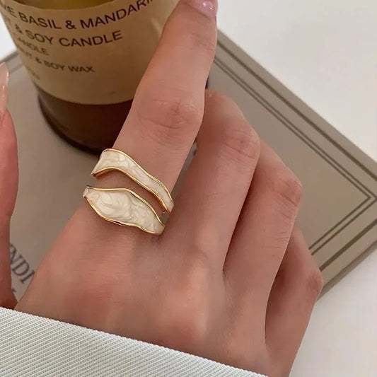 LATS Vintage White Enamel Metal Irregular Shape Geometric Open Adjustable Ring for Women Girl Fashion Jewelry Birthday Gifts