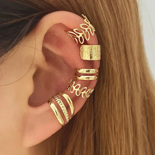 5pcs/set Retro Multi-element Leaf Geometric Ear Cuff Non-Piercing Ear Bone Clip Men and Women Summer Jewelry Boho