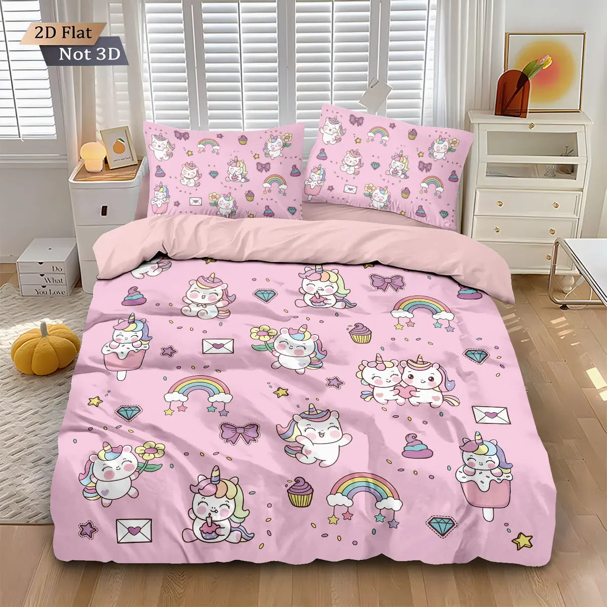 3pcs Cartoon Cute Unicorn Printed Coreless Down Duvet Cover Set, Multi Size Bedroom Bedding Decoration, Machine Washable