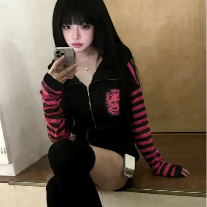 2026 Dark Pink Black Punk Skeleton Printed Striped Sleeve Hoodie Street Style Women's Zipper cardigan Wholesale