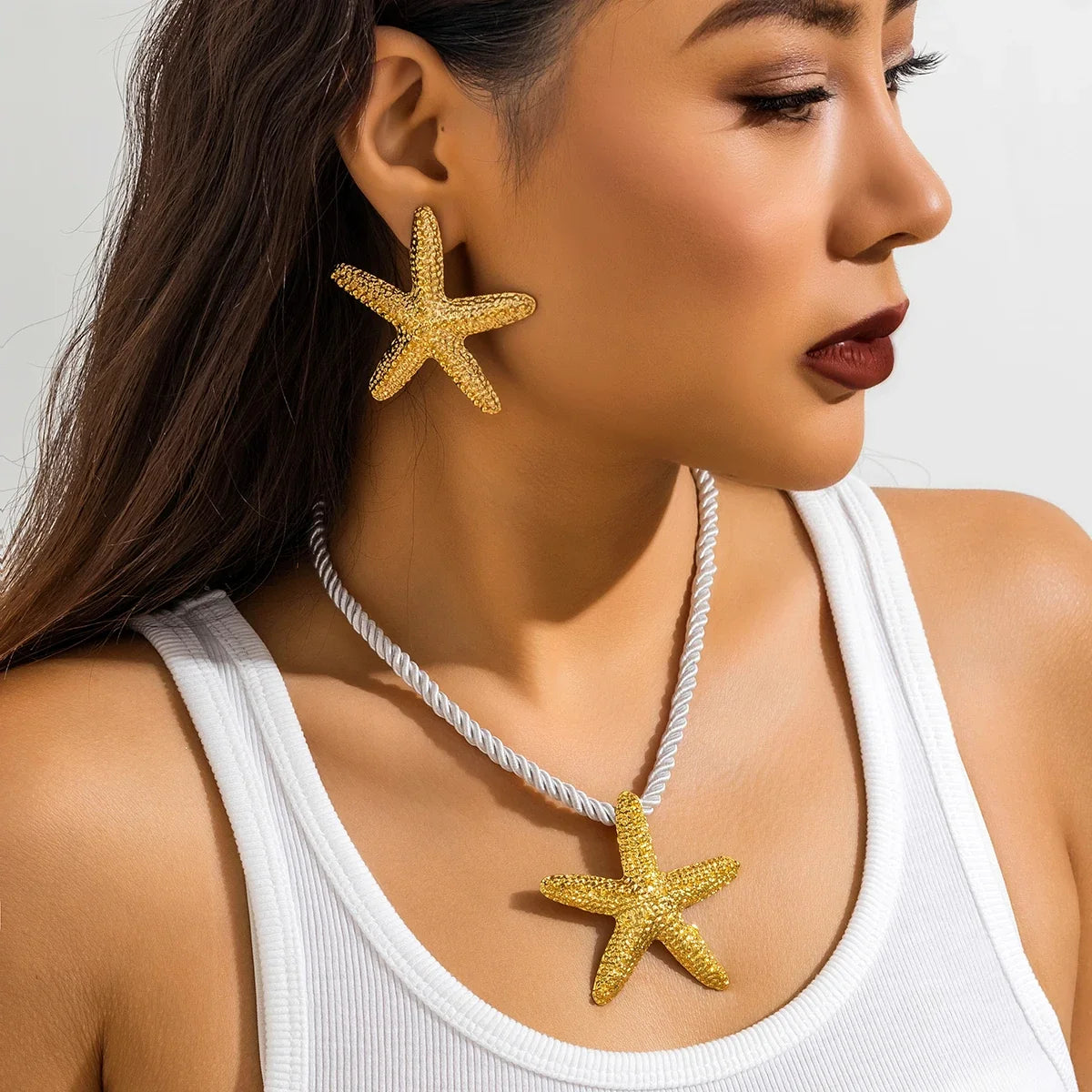 IngeSight.Z Exaggerated Big Starfish Pendant Necklace Women Punk White Thick Rope Chain Choker Necklace Party Jewelry Gift