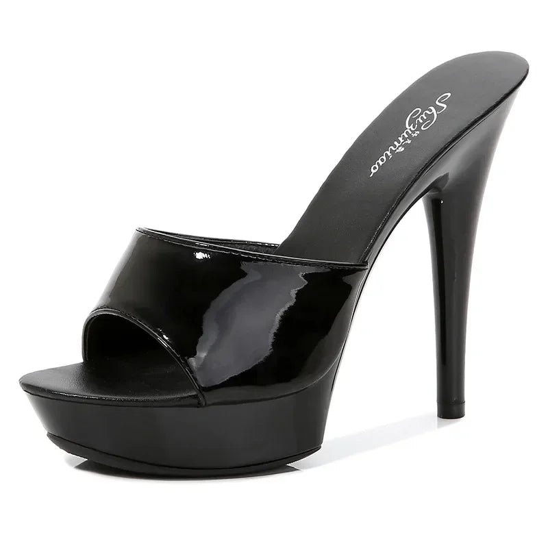 Womens Slippers Mule Patent Leather Sandals Sexy Fashion 13CM Slides Party Shoes for Woman Luxury Red Sandals Summer Comfortable