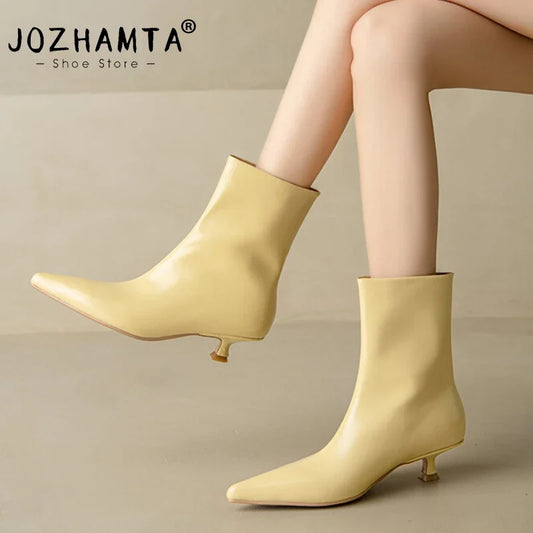 JOZHAMTA Size 34-43 Women Real Leather Ankle Boots Fashion Mid Heels Shoes For Winter Boots Pointy Office Lady Daily Dress Shoes