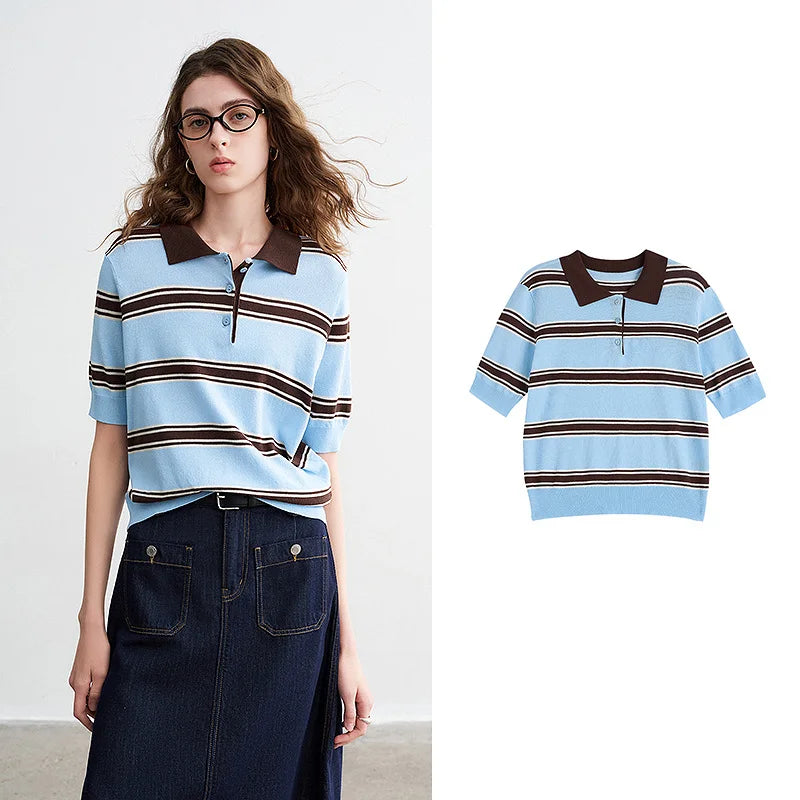 TOYOUTH Women Intellectual Striped Polo Shirt 2026 Spring New Lyocell Linen Breathable Comfort Knit Top